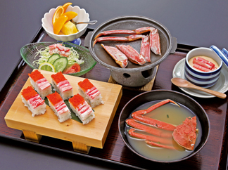 Grilled Crab. Crab Sushi Set Custard, Salad, Crab Sushi